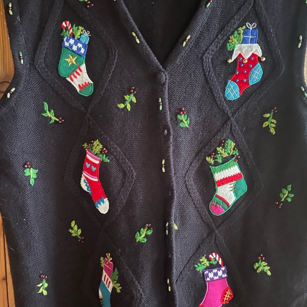Holiday Christmas Embroidered Cardigan Sweater Vest Holy Stockings - Picture 2 of 4